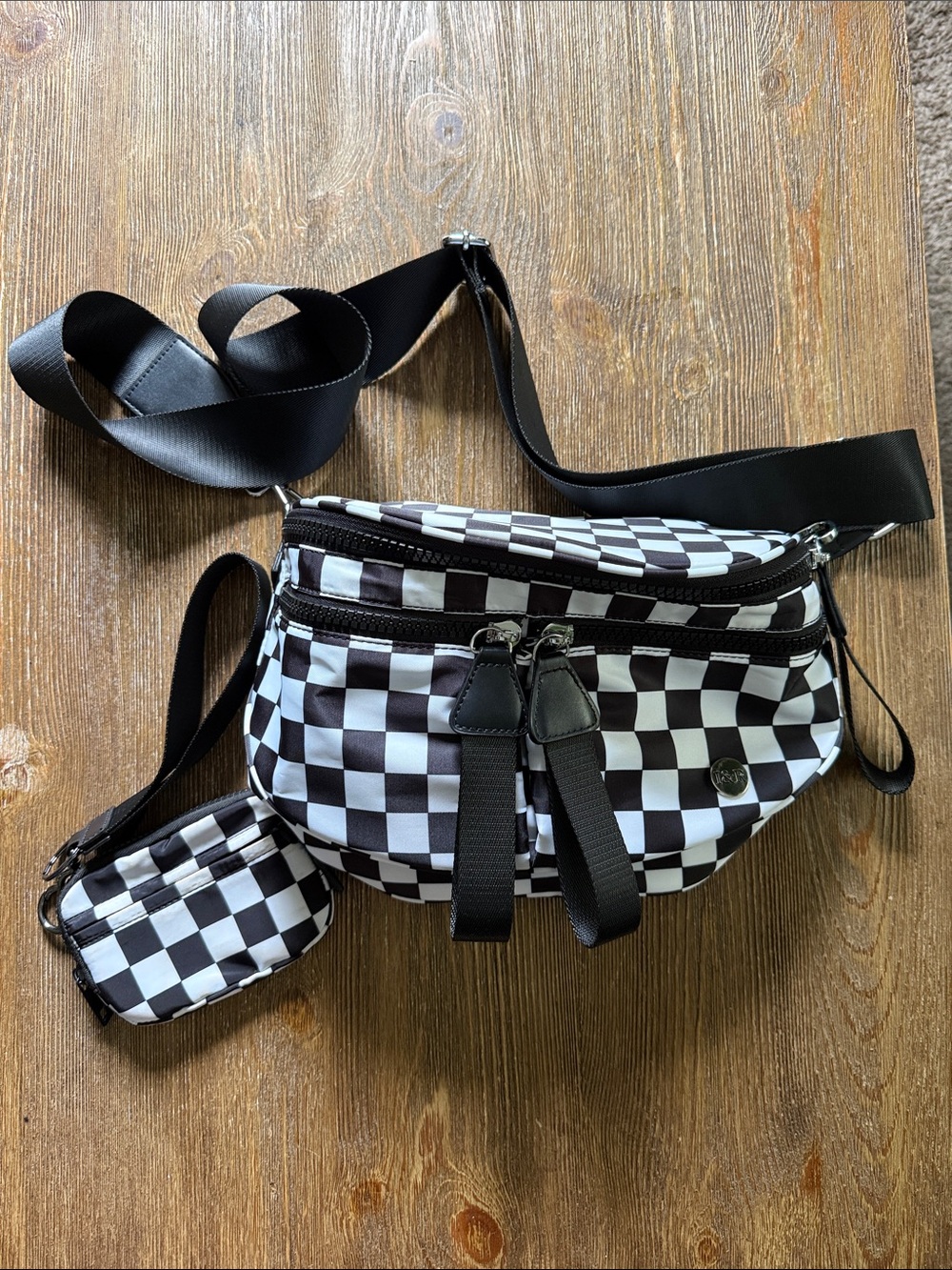 Black & White Checkerboard Crossbody Belt Bag with Detachable Pouch